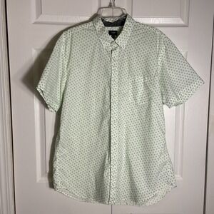 J Crew Shirt Men XL White Green Geometric Short Sleeve Button Up 100%‎ Cotton